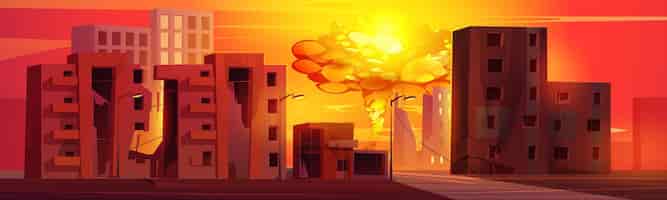 Бесплатное векторное изображение Взрыв атомной бомбы в разрушенном городе