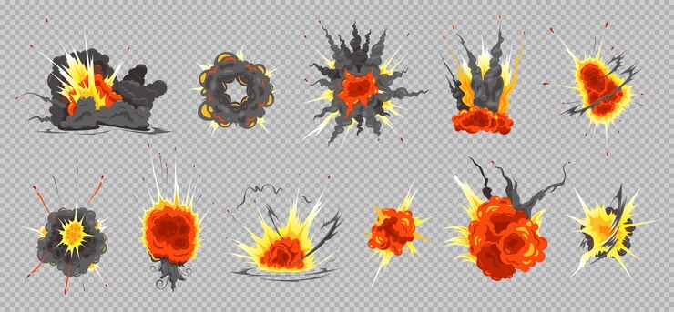 Free Vector atomic nuclear bomb explosions debris fire bang clouds shape colorful set on grey transparent background vector illustration