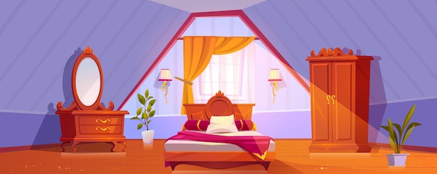 Free vector attic bedroom or guest room interior mansard floor