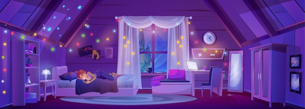 Free vector attic bedroom interior girl lying with smartphone
