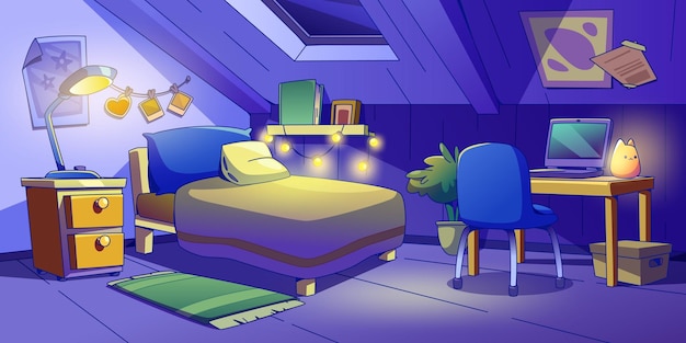 Free vector attic bedroom interior at night