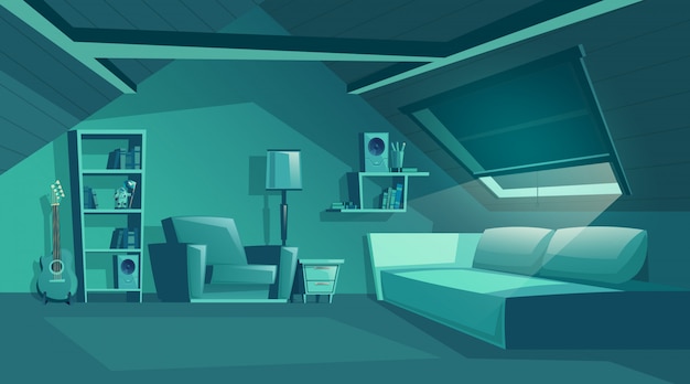 Free vector attic interior at night, cartoon room with furniture, sofa with pillows.