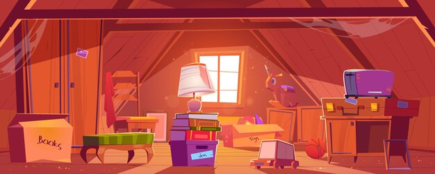 attic room with old things, garret on roof with window and furniture