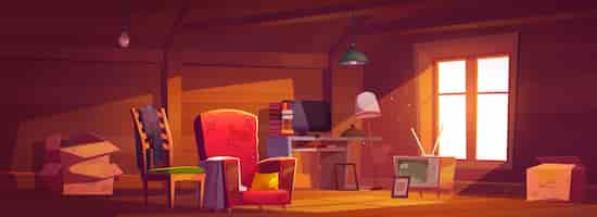 Free vector attic room with old things, garret with window, wooden walls and furniture. cozy place with antique switched-off tv set, carton boxes, computer, table with books and lamps. cartoon vector illustration