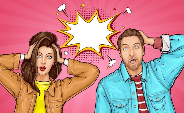 Attractive amazed young man and woman touch heads with hands. Surprised girl and guy in jacket with wide open eyes and mouths, speech bubble. Illustration in pop art style
