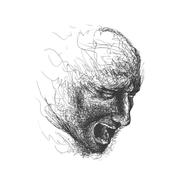 An attractive man's face dissolving into pen lines Sketch illustration