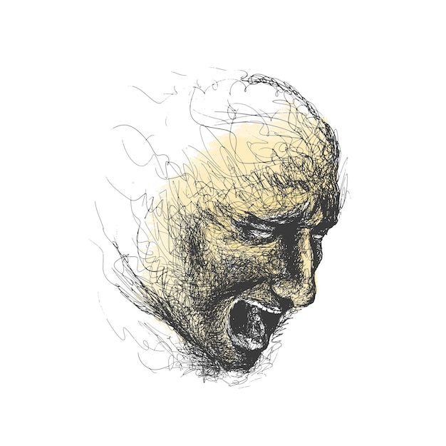 An attractive man's face dissolving into pen lines sketch illustration
