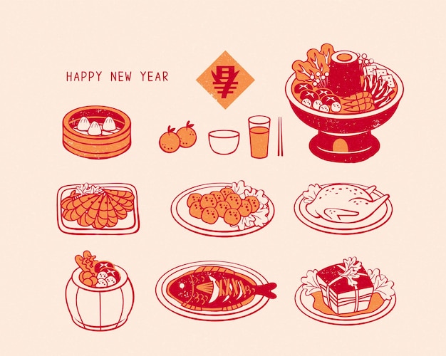 Attractive traditional dishes set for new year in line style