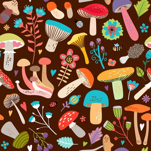 Attractive Various Cartooned Leaves and Mushrooms Graphic Design on Seamless Brown Background.