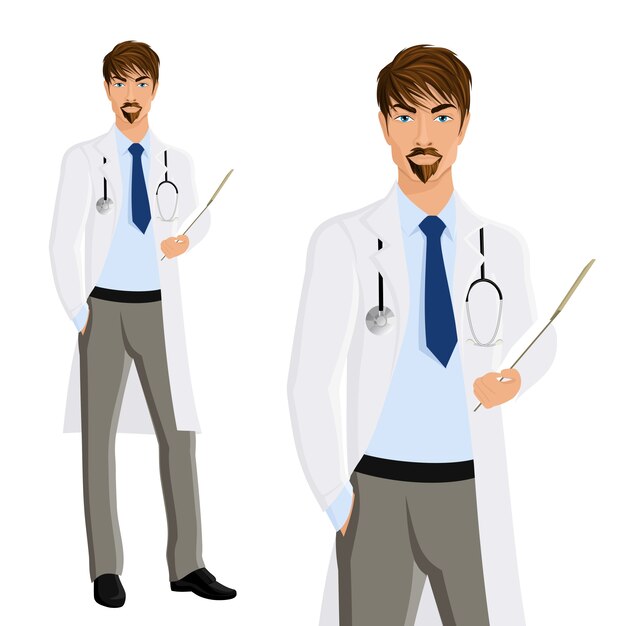 Attractive young man doctor with clipboard and phonendoscope portrait isolated on white background vector illustration