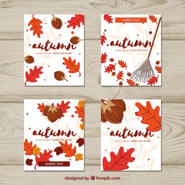 Atumn cards with acorns, leaves and rake