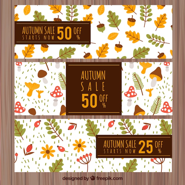 Atumn sale banners wtih leaves, mushrooms and acorns