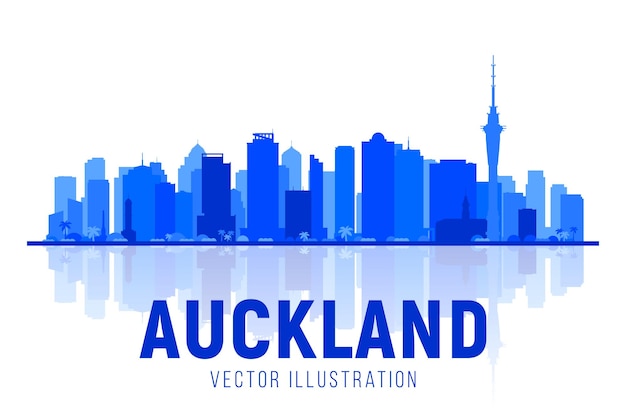無料ベクター オークランドニュージーランドスカイライン都市シルエットスカイラインベクトル背景ベクトル図近代的な建物とビジネス旅行と観光のコンセプトプレゼンテーションバナーウェブサイトの画像