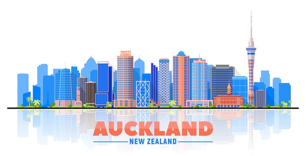Auckland ( New Zealand ) skyline with panorama in white background. Vector Illustration. Business travel and tourism concept with modern buildings. Image for presentation, banner, web site.