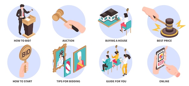 Auction compositions set with competition and art symbols isometric risolated vector illustration