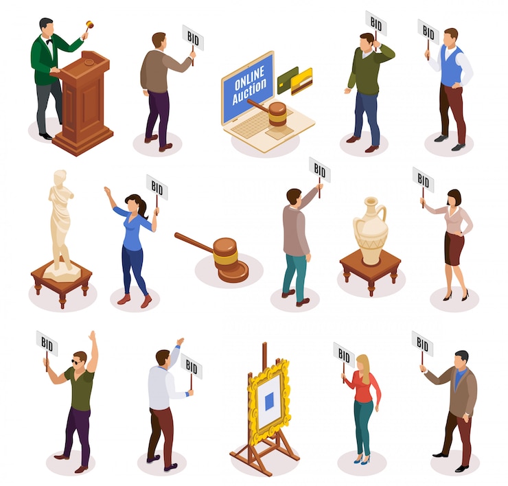 Free Vector auction isometric and isolated icon set with people with nameplate in their hands illustration