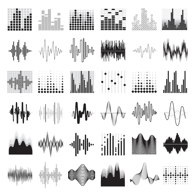 Аудио эквалайзер черные белые иконки набор плоских изолированных векторная иллюстрация