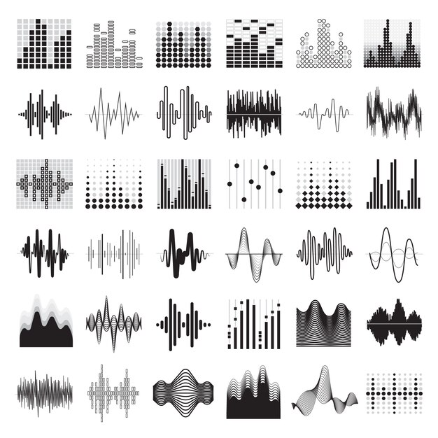Audio equalizer black white icons set flat isolated vector illustration 