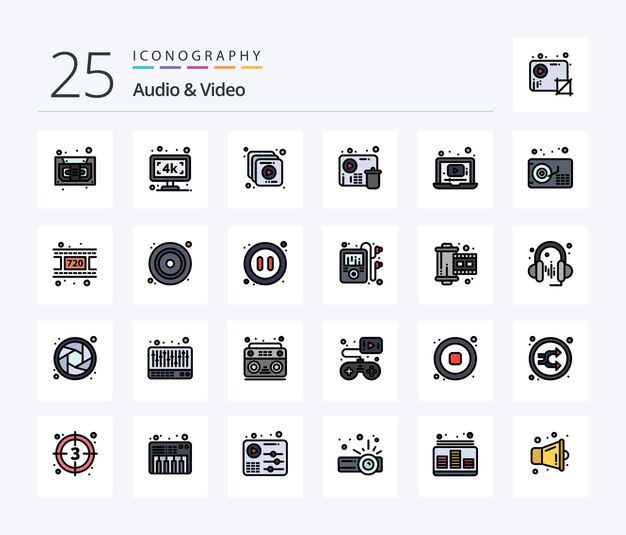 Аудио и видео 25 Line Filled icon pack, включая сбой проигрывателя коллекции ноутбуков
