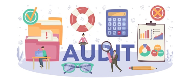 Audit concept typographic header Business operation research and analysis Professional financial management Financial inspection and analytics Isolated flat vector illustration