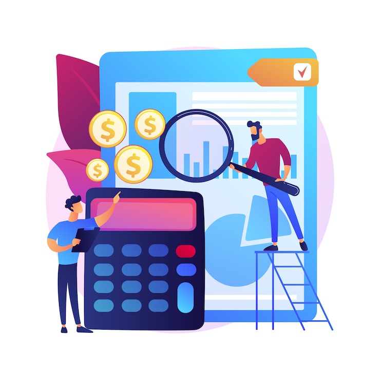 Free Vector audit service assistance. financial report, bookkeeping analysis, company finances management. financier making corporate expenses assessment 