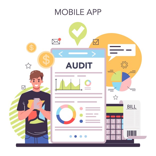 Auditor online service or platform Business operation specialist Financial management Financial inspection Mobile app Flat vector illustration