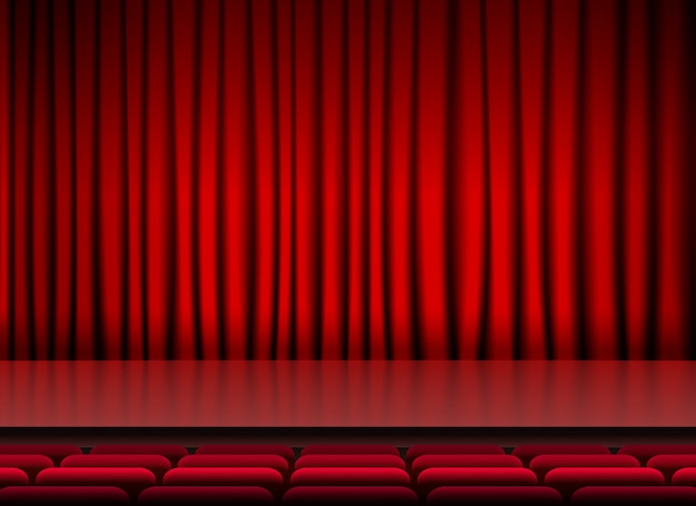 Free vector auditorium stage threater with red curtains and seats