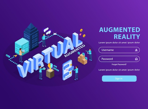 Augmented reality site users visualizing information creating smartphone virtual screens isometric login page template