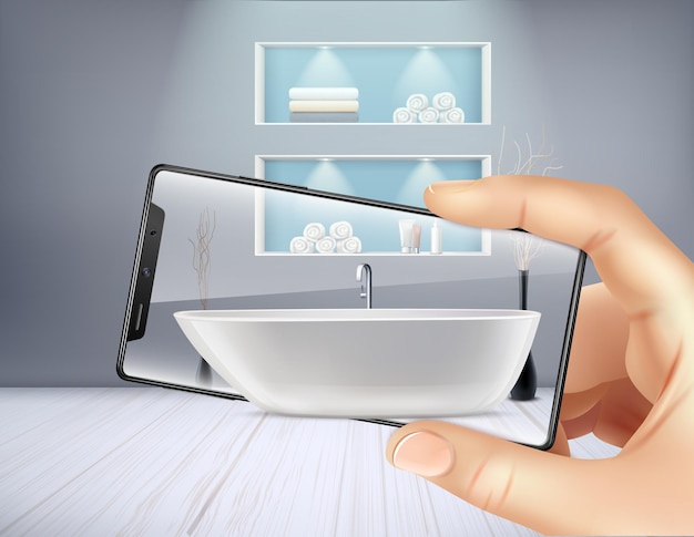 拡張現実スマートフォンアプリケーションとバスルームのインテリアイラスト