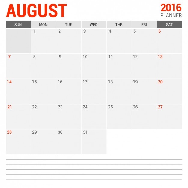Free vector august monthly calendar 2016