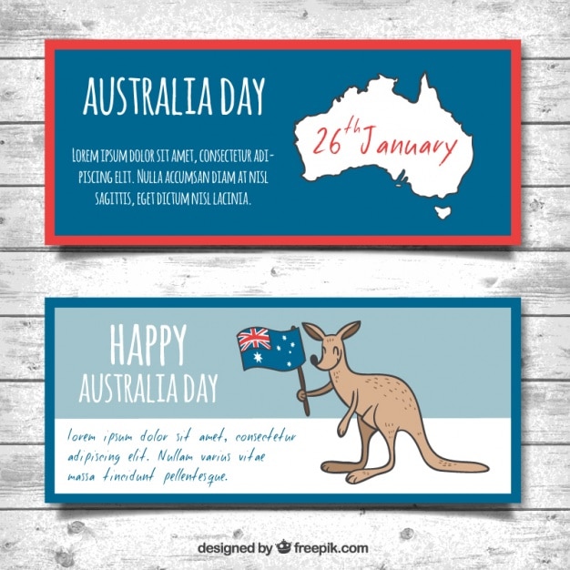 Free vector australia day banners with map and kangaroo holding a flag