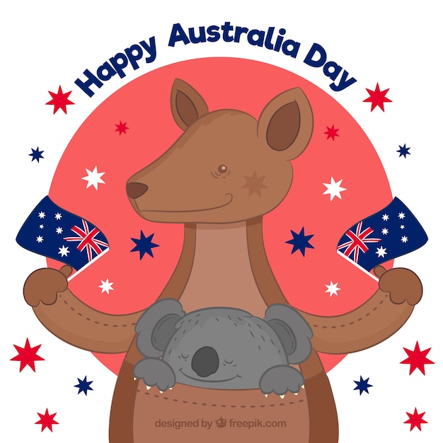 Free vector australia day design with happy kangaroo and koala