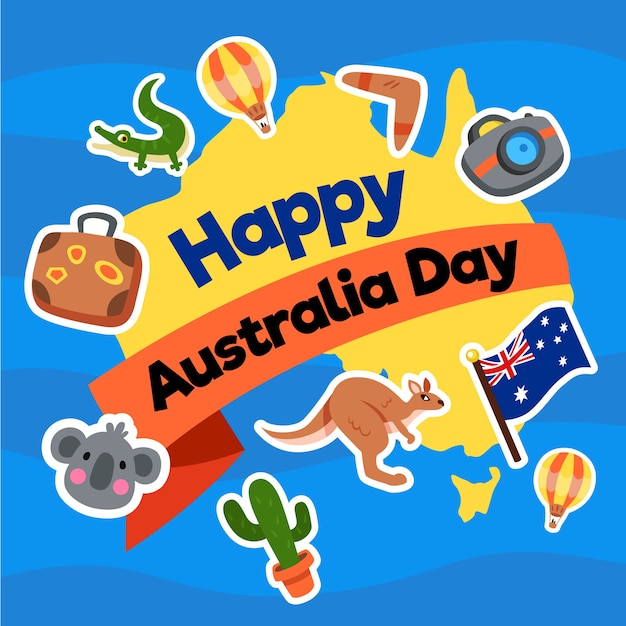 Vettore gratuito giorno dell'australia in design piatto con mappa e animali