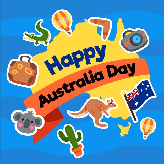 Australia day in flat design with map and animals