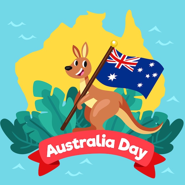 Free vector australia day with smiley kangaroo and flag