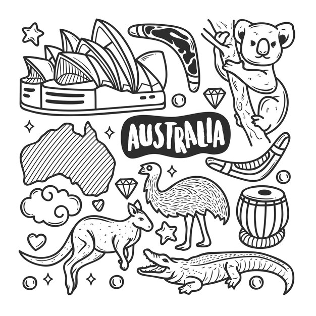 Australia Icons Hand Drawn Doodle Coloring