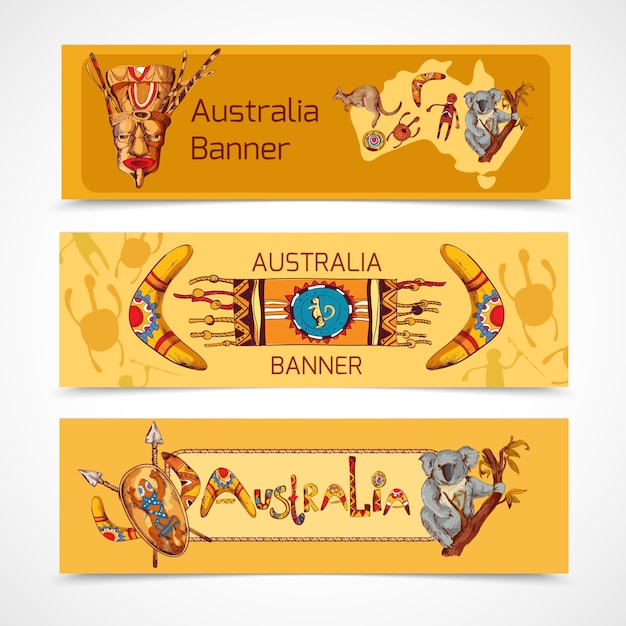 Free vector australia native aboriginal tribal ethnic colored sketch horizontal banner set isolated vector illustration