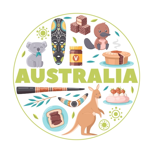 Бесплатное векторное изображение Австралия круглый фон с коалой древняя деревянная маска диджериду бумеранг вегемит национальная сладкая выпечка мультфильм плоские иллюстрации иконки