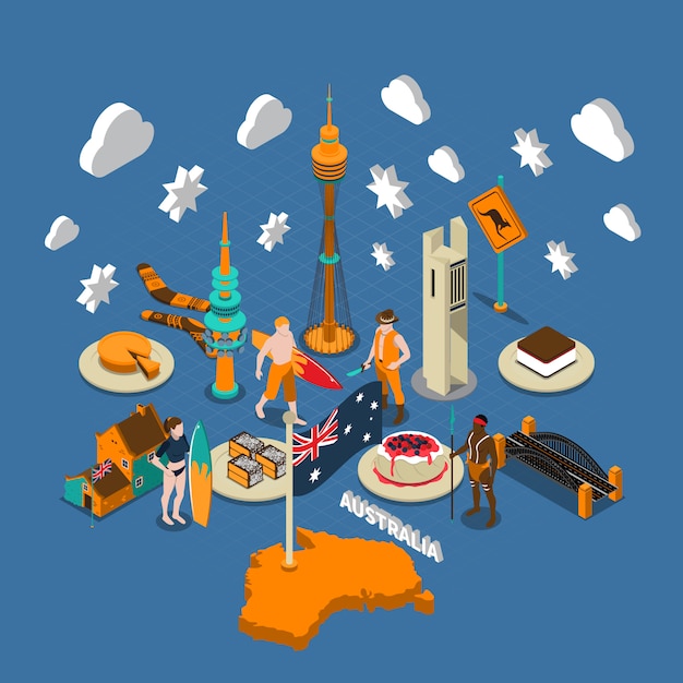 Australian touristic attractions symbols isometric composition