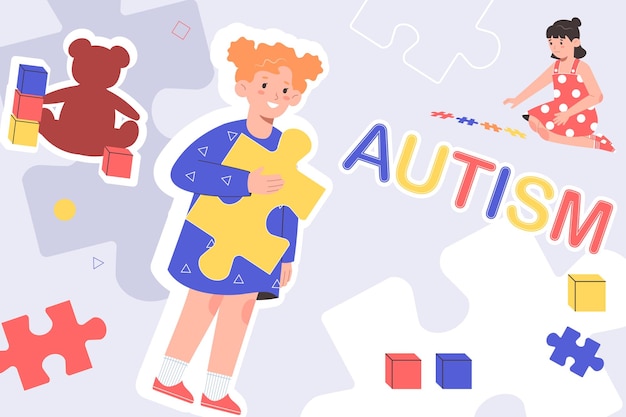 어린이와 다채로운 퍼즐 조각 벡터 일러스트와 함께 자폐증 평면 콜라주