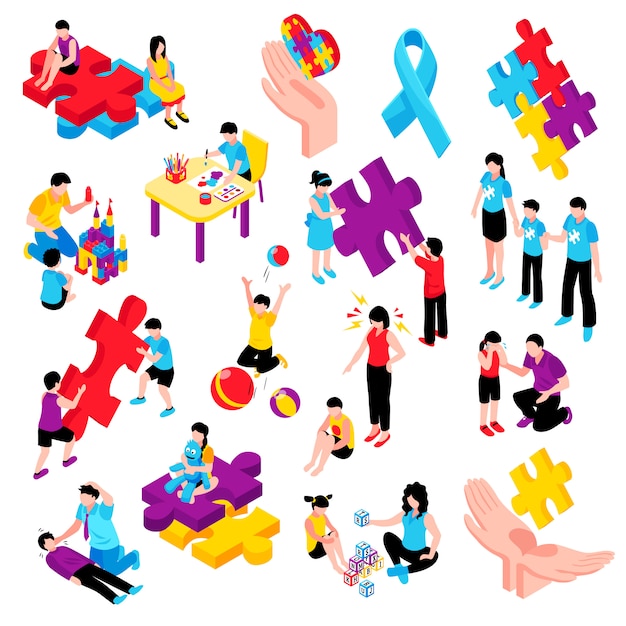 Autism isometric colorful set with behavior difficulties depression communication problems hyperactivity and epilepsy isolated illustration