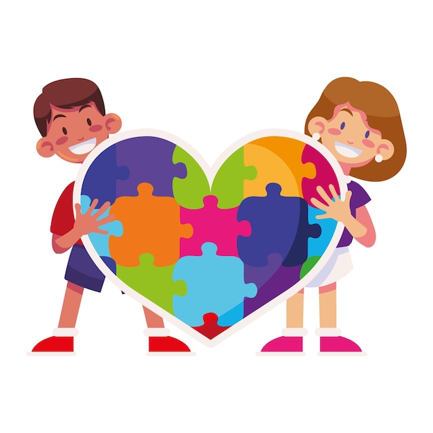 Бесплатное векторное изображение Аутичные дети и головоломки иллюстрация сердца