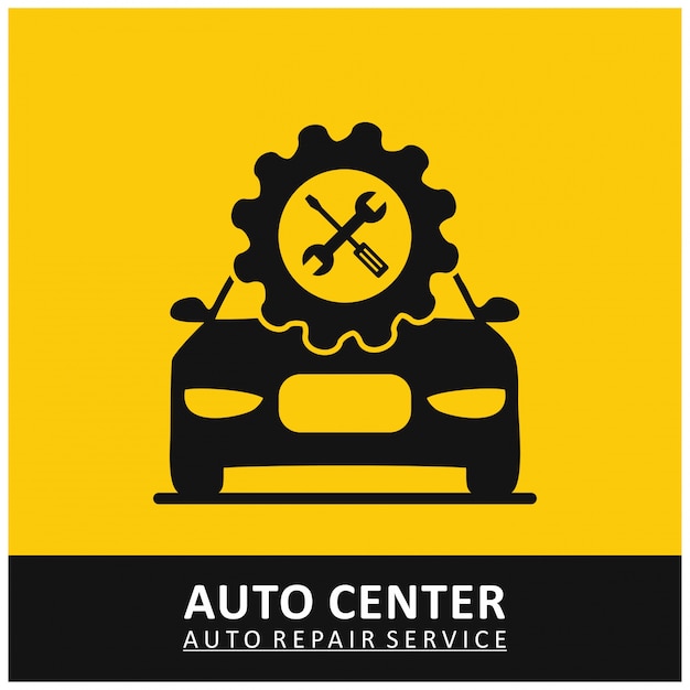 ツールと車の黄色の背景とオートセンターの自動修理サービス歯車のアイコン