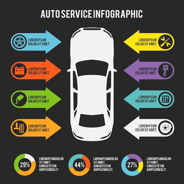 Modello di servizio di automobile meccanica dell'automobile con i diagrammi e l'elemento di manutenzione illustrazione vettoriale