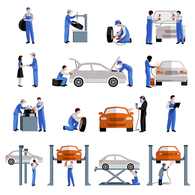 Icone di lavoro di riparazione e manutenzione di servizio auto auto meccanico