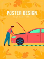 Free vector auto mechanic repairing vehicle engine isolated flat  illustration. cartoon man fixing or checking car with open hood in garage. service and maintenance concept
