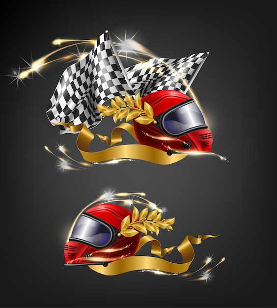 Auto, motorsport racing driver, race winner red, full face helmet with laurel leaves
