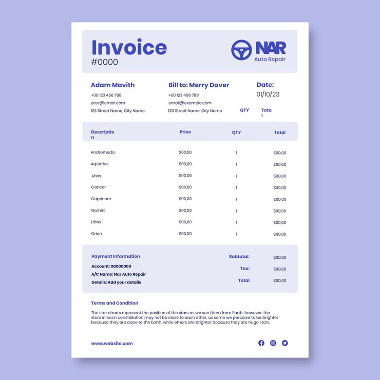 Free Vector auto repair invoice template design