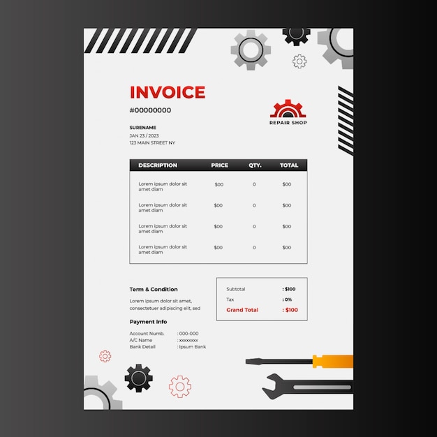 Free vector auto repair shop business and service invoice template