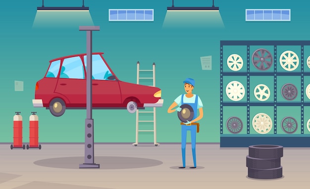 Free vector auto repair shop service worker replaces damaged tyre and changing wheels